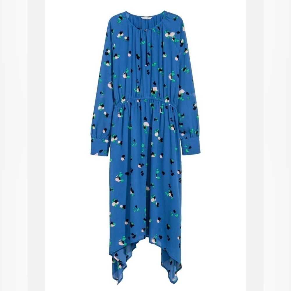 H&M Cobalt Blue Abstract Floral Asymmetric Midi Dress - Size 8 Great Condition